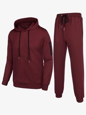 Men's Wine Red Hoodie & Joggers Set - Hoodie w/ Drawstring Joggers Sz L